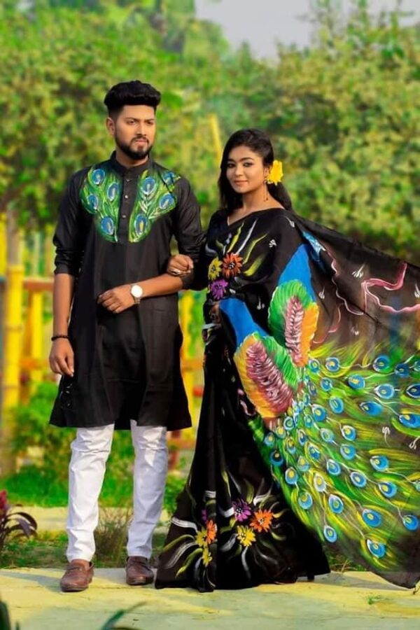 এক্সক্লুসিভ হ্যান্ড প্রিন্টেড কালারফুল ম্যাচিং কাপল শাড়ি অ্যান্ড পাঞ্জাবি সেট