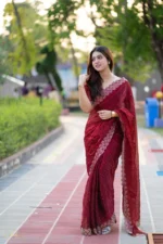 প্রিমিয়াম ইন্ডিয়ান স্টোনের জর্জেট পার্টি শাড়ি (লাল মেরুন) - Image 8