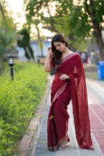 প্রিমিয়াম ইন্ডিয়ান স্টোনের জর্জেট পার্টি শাড়ি (লাল মেরুন) - Image 5