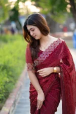 প্রিমিয়াম ইন্ডিয়ান স্টোনের জর্জেট পার্টি শাড়ি (লাল মেরুন)