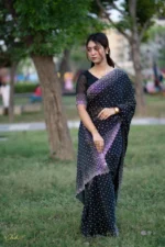 প্রিমিয়াম ইন্ডিয়ান স্টোনের জর্জেট পার্টি শাড়ি (ব্লাক ) - Image 9