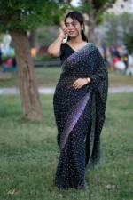 প্রিমিয়াম ইন্ডিয়ান স্টোনের জর্জেট পার্টি শাড়ি (ব্লাক ) - Image 8