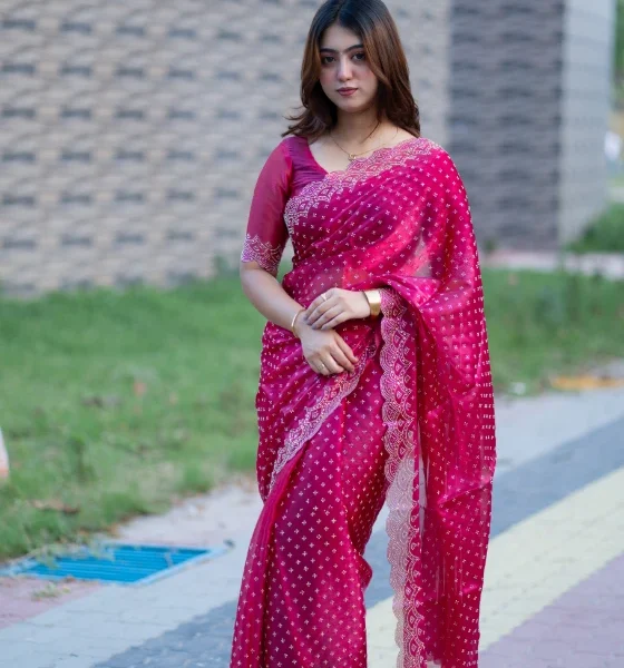 প্রিমিয়াম ইন্ডিয়ান স্টোনের জর্জেট পার্টি শাড়ি (রাণী গোলাপী )