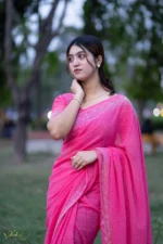 প্রিমিয়াম ইন্ডিয়ান স্টোনের জর্জেট পার্টি শাড়ি (গোলাপী) - Image 8