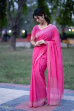 প্রিমিয়াম ইন্ডিয়ান স্টোনের জর্জেট পার্টি শাড়ি (গোলাপী) - Image 7