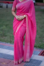 প্রিমিয়াম ইন্ডিয়ান স্টোনের জর্জেট পার্টি শাড়ি (গোলাপী) - Image 4