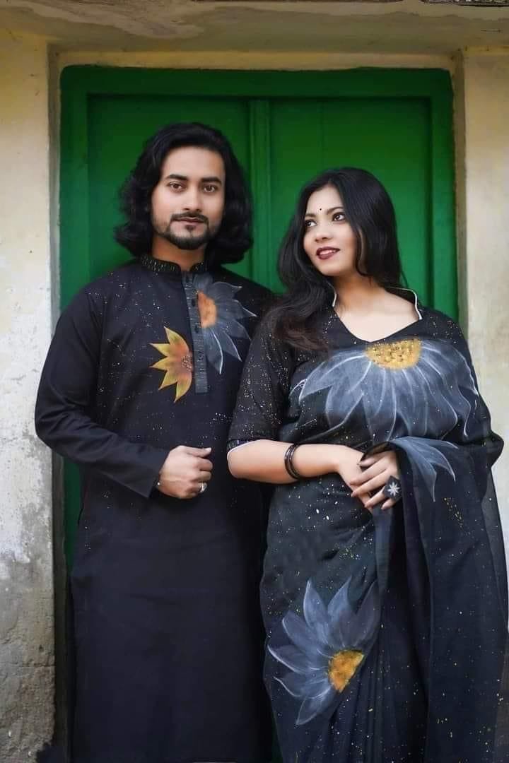 এক্সক্লুসিভ হ্যান্ড প্রিন্টেড কালারফুল ম্যাচিং কাপল শাড়ি অ্যান্ড পাঞ্জাবি সেট