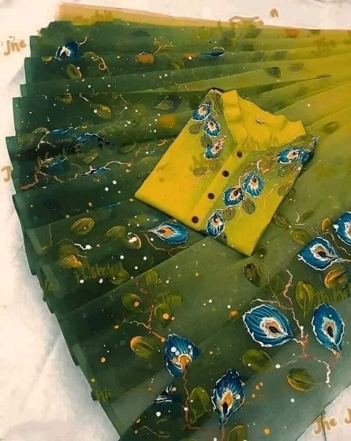 এক্সক্লুসিভ হ্যান্ড প্রিন্টেড কালারফুল ম্যাচিং কাপল শাড়ি অ্যান্ড পাঞ্জাবি সেট