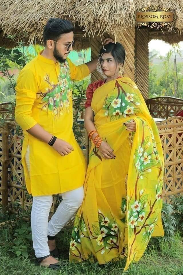 এক্সক্লুসিভ হ্যান্ড প্রিন্টেড কালারফুল ম্যাচিং কাপল শাড়ি অ্যান্ড পাঞ্জাবি সেট
