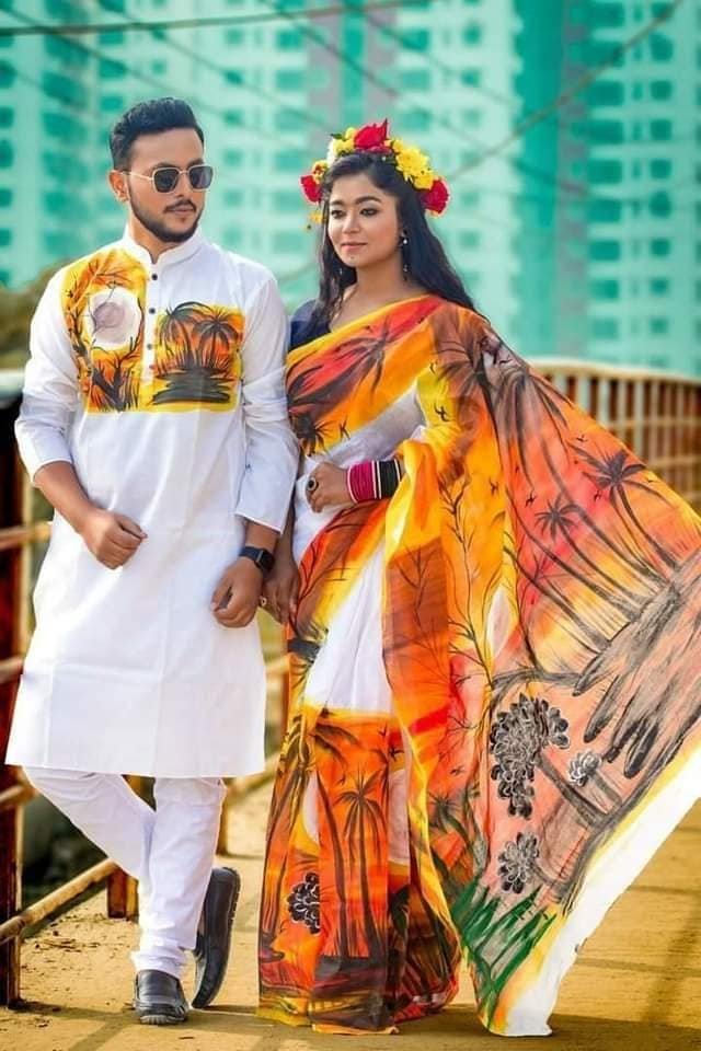 এক্সক্লুসিভ হ্যান্ড প্রিন্টেড কালারফুল ম্যাচিং কাপল শাড়ি অ্যান্ড পাঞ্জাবি সেট