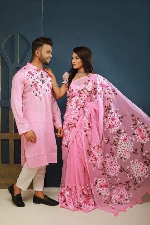 এক্সক্লুসিভ হ্যান্ড প্রিন্টেড কালারফুল ম্যাচিং কাপল শাড়ি অ্যান্ড পাঞ্জাবি সেট (#BP-01)