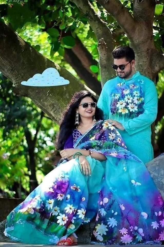 এক্সক্লুসিভ হ্যান্ড প্রিন্টেড কালারফুল ম্যাচিং কাপল শাড়ি অ্যান্ড পাঞ্জাবি সেট