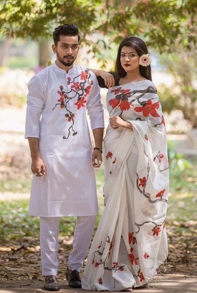 এক্সক্লুসিভ হ্যান্ড প্রিন্টেড কালারফুল ম্যাচিং কাপল শাড়ি অ্যান্ড পাঞ্জাবি সেট