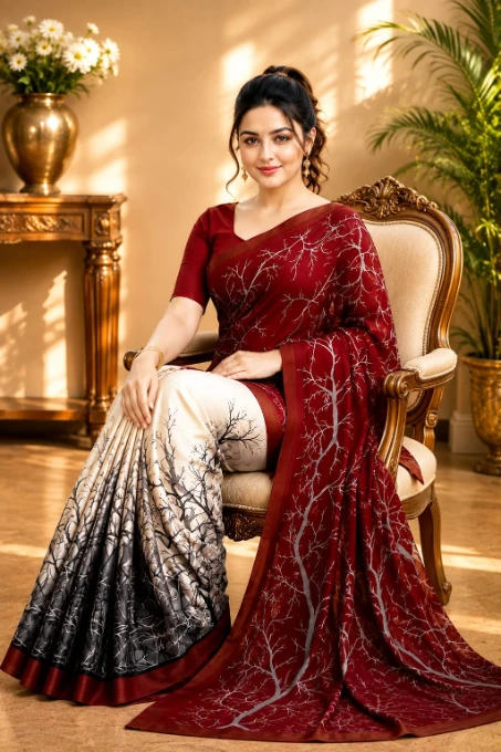 ডিজিটাল প্রিন্টের সফটসিল্ক মিক্স কটন (লাল সাদা শাড়ি)